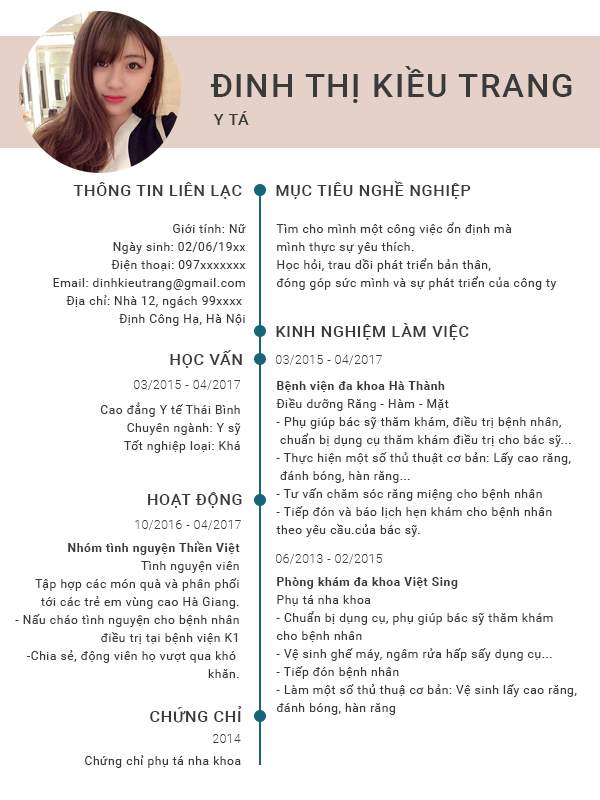 Mẫu cvĐiều dưỡng viên DDV01