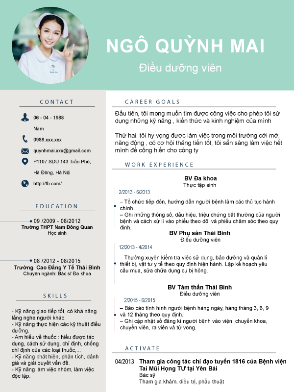 Mẫu cvĐiều dưỡng viên DDV03